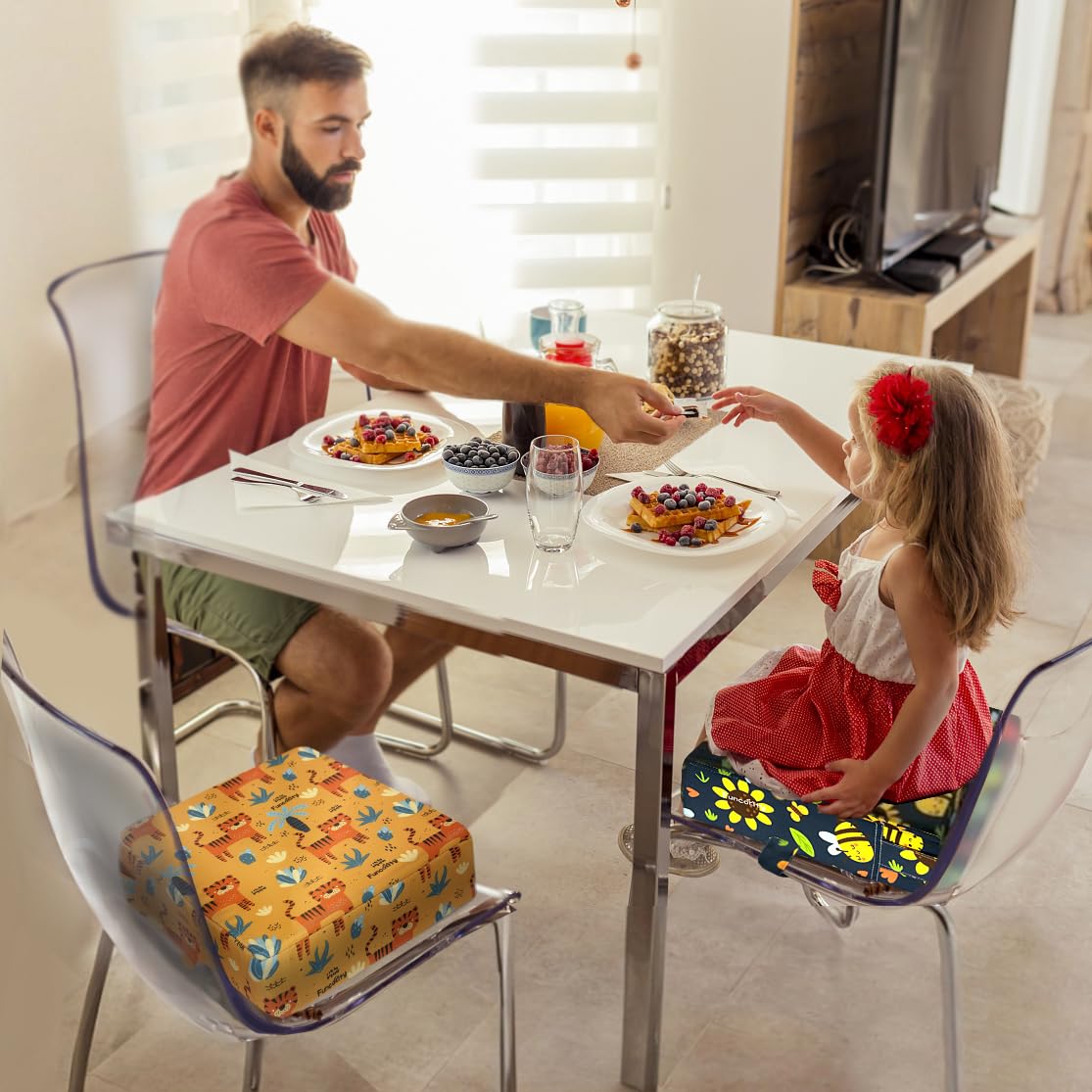 Funcority booster seat travel-ready for dining out or camping.