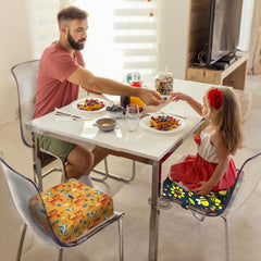 Funcority booster seat travel-ready for dining out or camping.