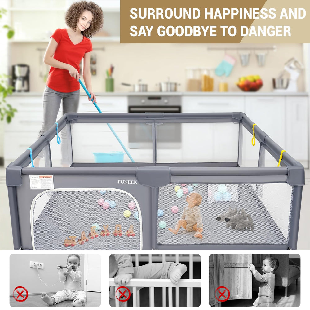 FUNEEK 75x51 playpen dimensions image highlights ample space for toys and movement