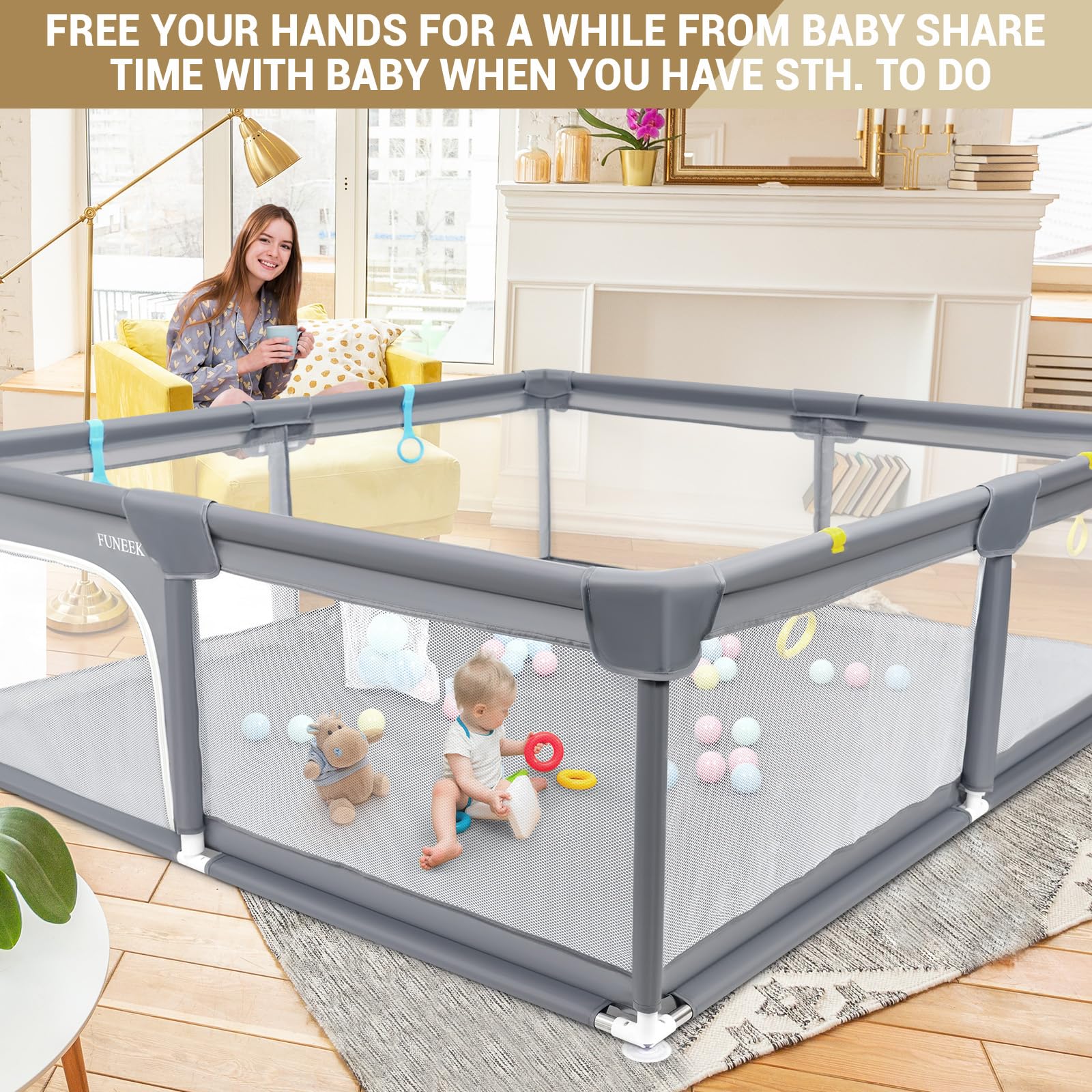 FUNEEK non-slip suction cups detail steadies the playpen on floors