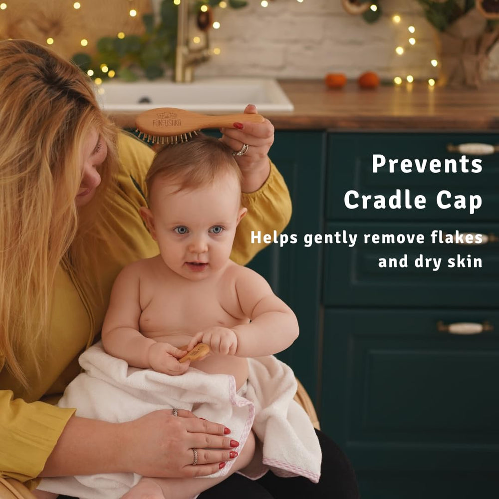 Funfushka brush and comb set in use demonstrates cradle cap exfoliation routine.