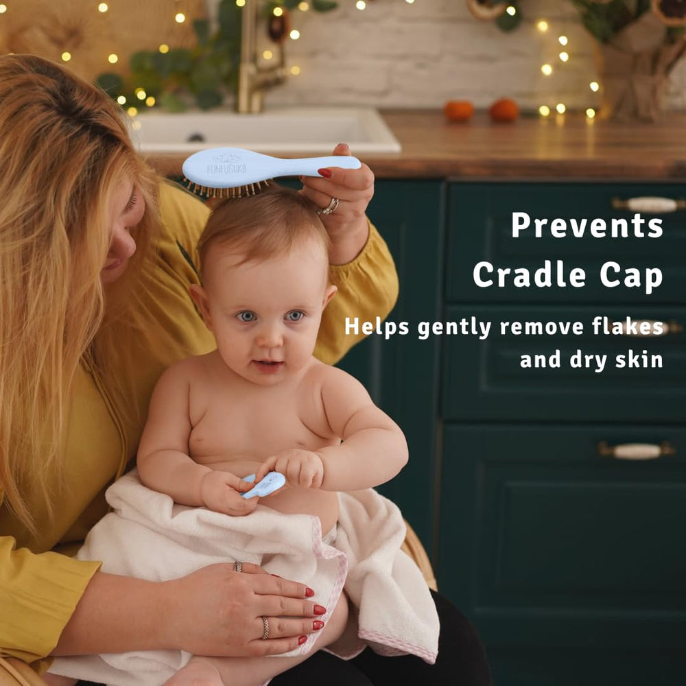 Funfushka cradle cap demonstration shows gentle exfoliation with minimal irritation.