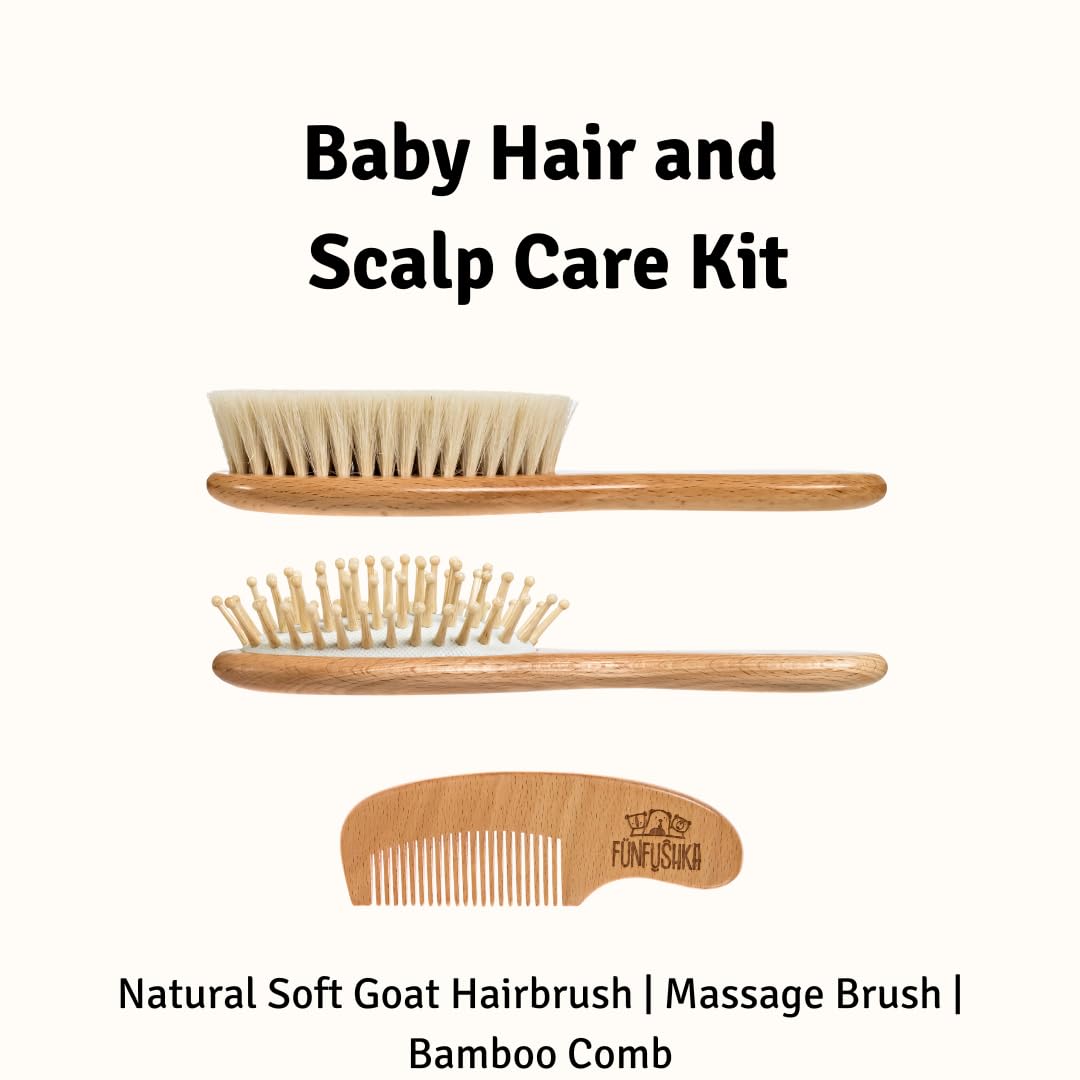 Funfushka ultra-soft goat-hair bristles image demonstrates gentle scalp care for newborns.