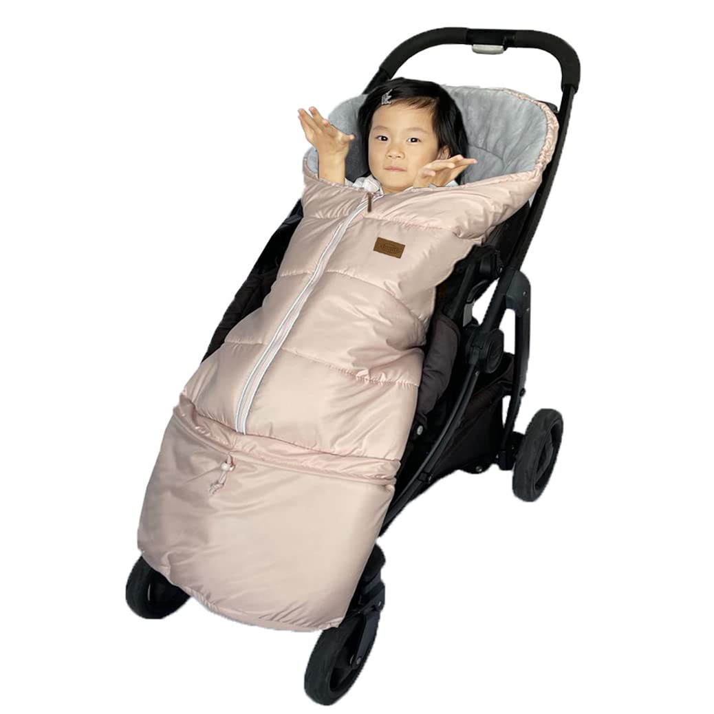 Funlife pink stroller footmuff rear view illustrates folding compatibility