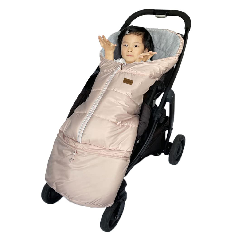 Funlife pink stroller footmuff rear view illustrates folding compatibility