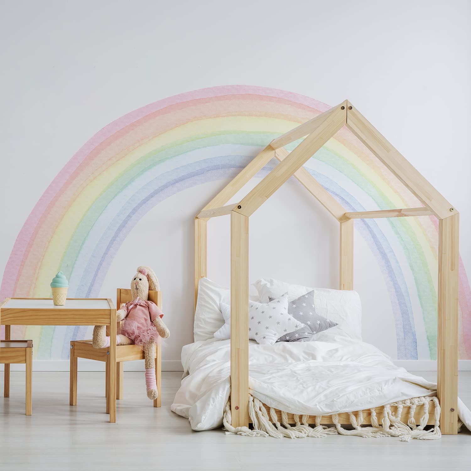 funlife rainbow wall mural fully applied on wall showing large pastel arches