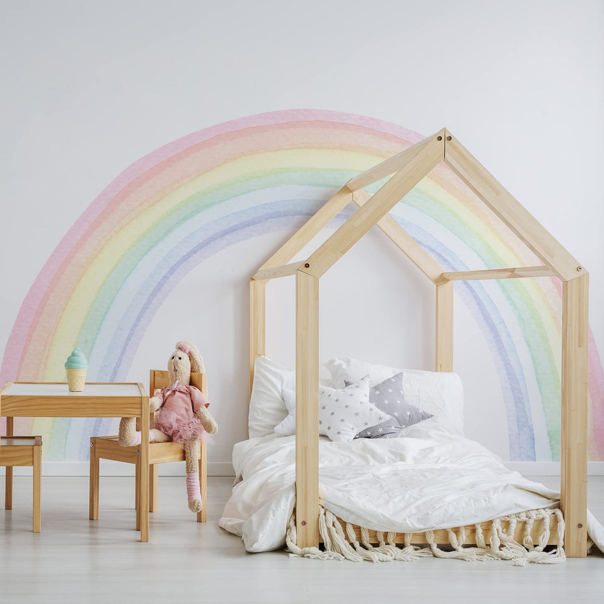 funlife rainbow wall mural fully applied on wall showing large pastel arches