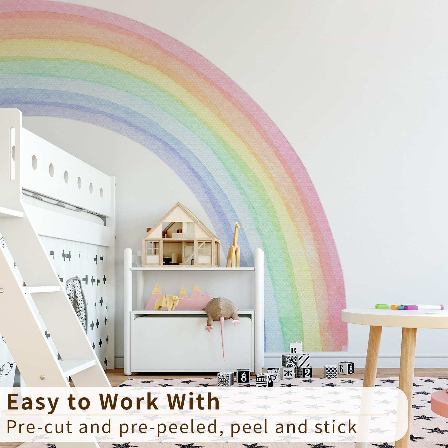 Funlife rainbow mural back adhesive panel demonstrates peel-and-stick ease.