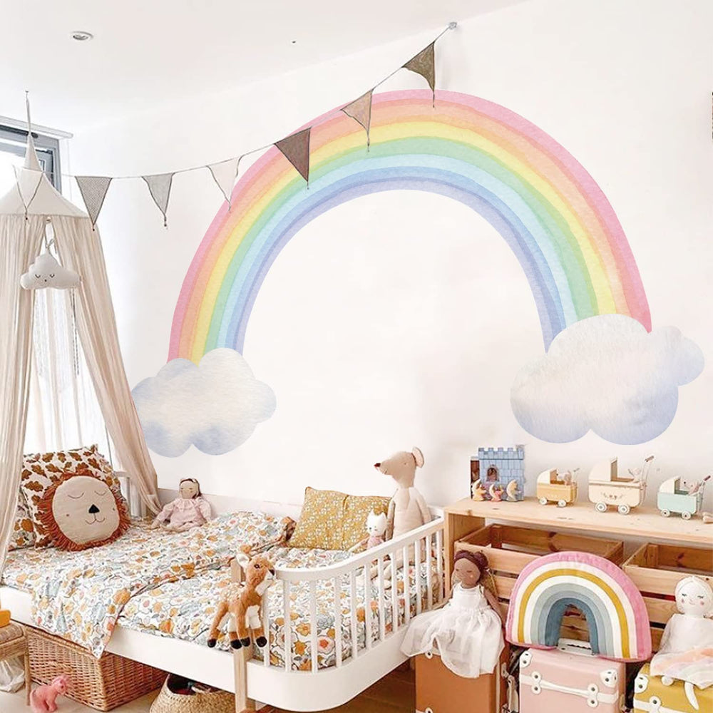 funlife rainbow wall mural bedroom styling demonstrates dramatic backdrop for creativity
