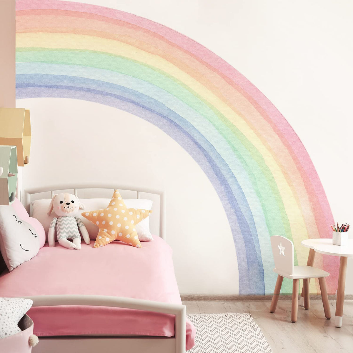 Funlife rainbow wall mural full size on a clean wall for a bold, kid-friendly space.