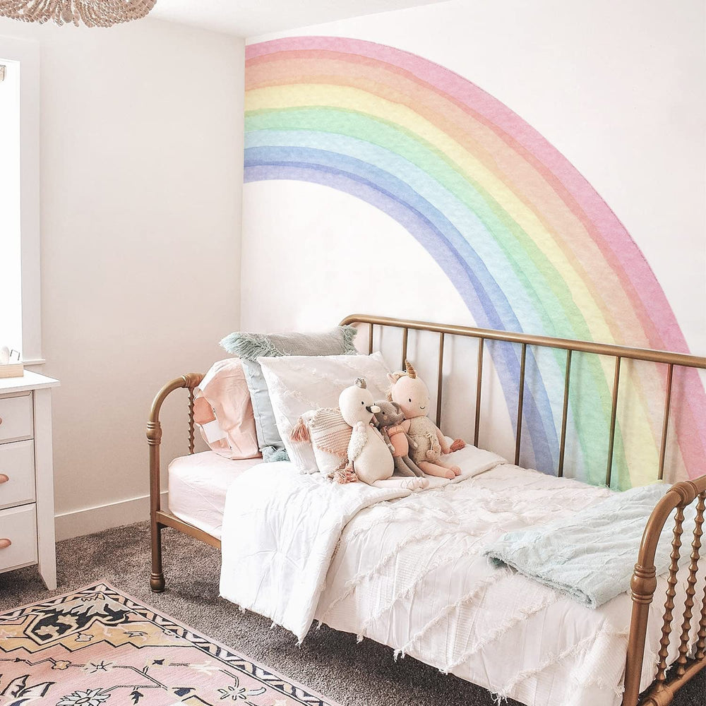 Funlife rainbow mural kid bedroom playroom ambiance evokes imagination and cheerful mood.