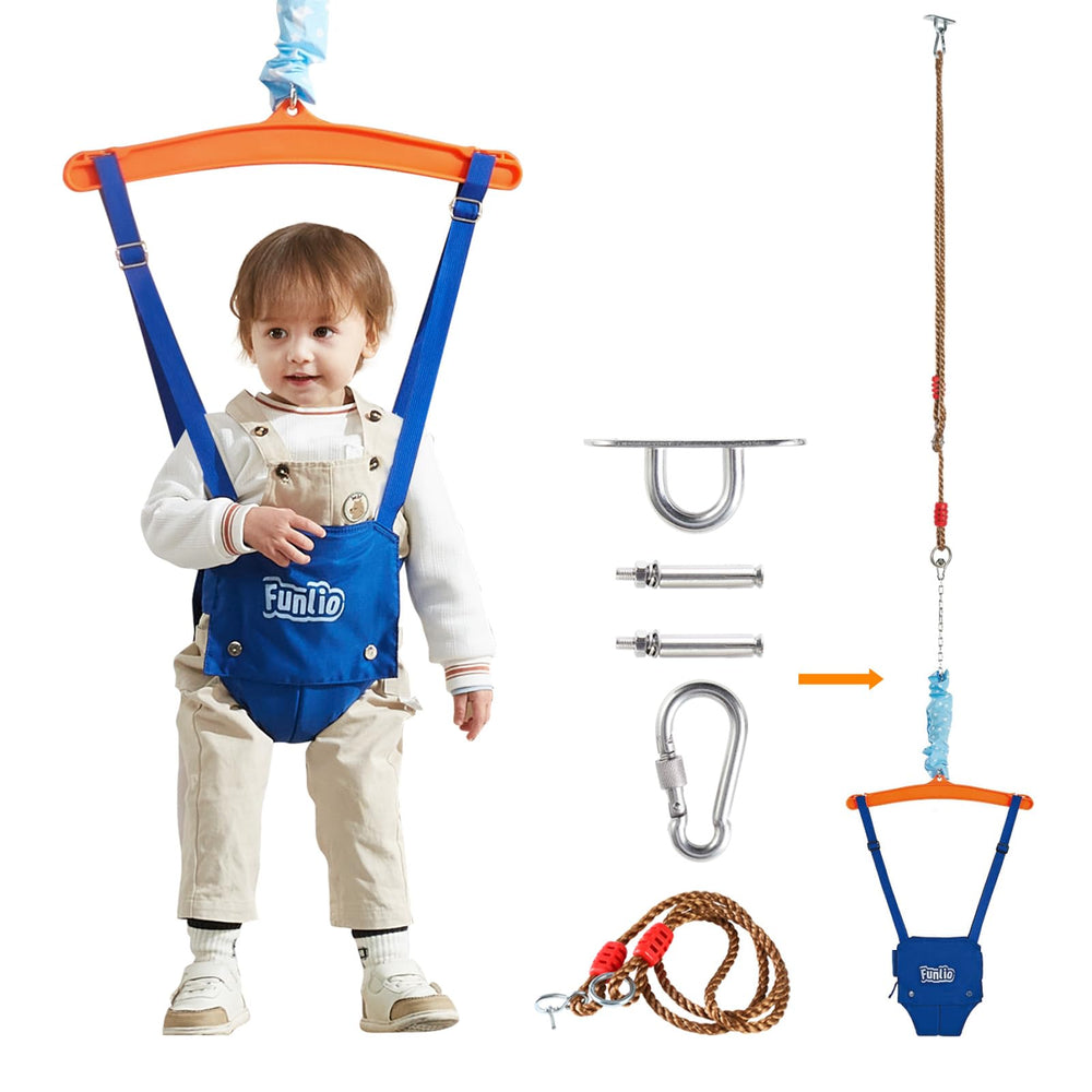 FUNLIO baby jumper ceiling-hook setup shows safe indoor installation