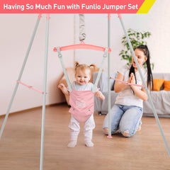 FUNLIO baby jumper used indoors and outdoors in pink for active play