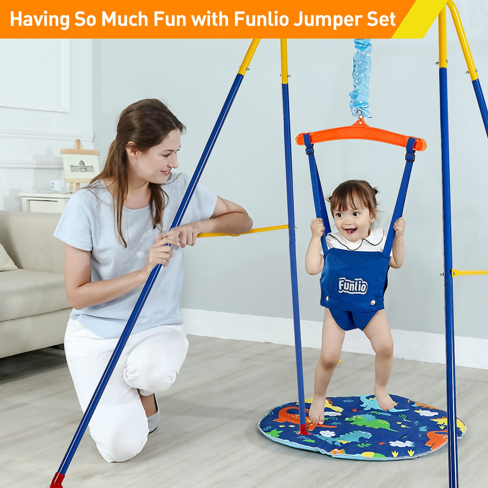 FUNLIO jumper seat closeup shows soft fabric and secure Velcro belt for comfort.