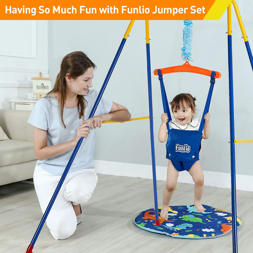 FUNLIO jumper seat closeup shows soft fabric and secure Velcro belt for comfort.