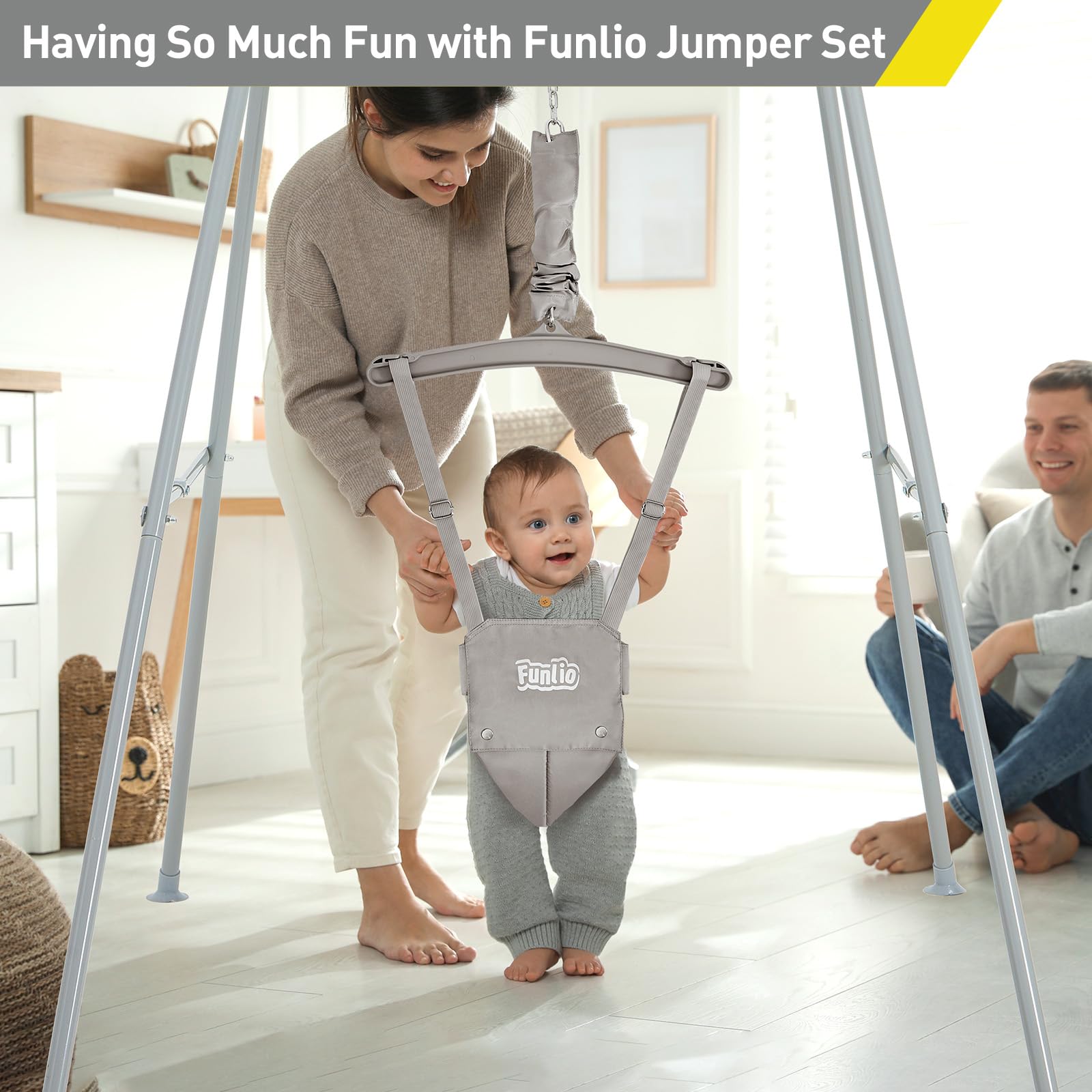 FUNLIO baby jumper seat gray with secure Velcro belt for comfy seating.