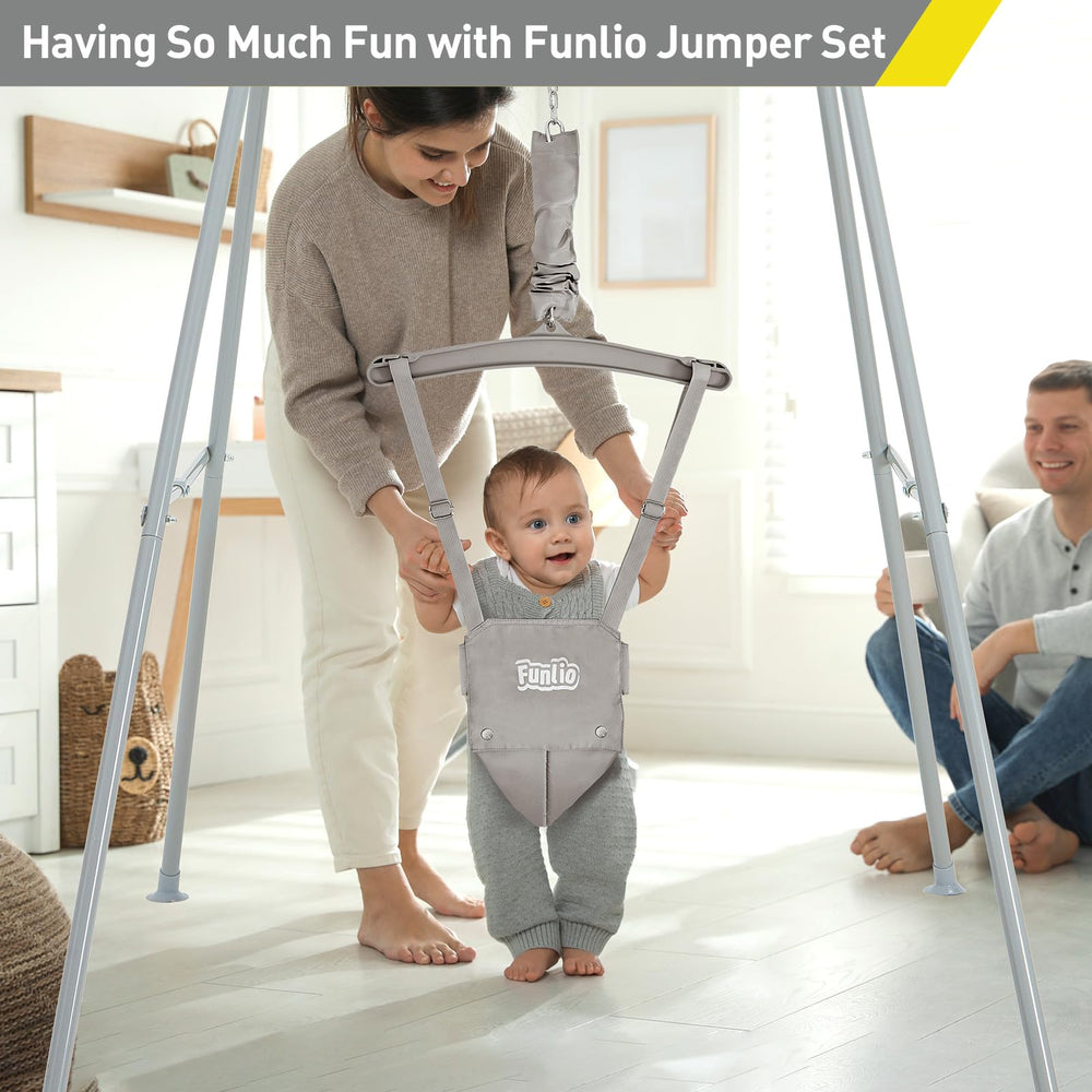 FUNLIO baby jumper seat gray with secure Velcro belt for comfy seating.