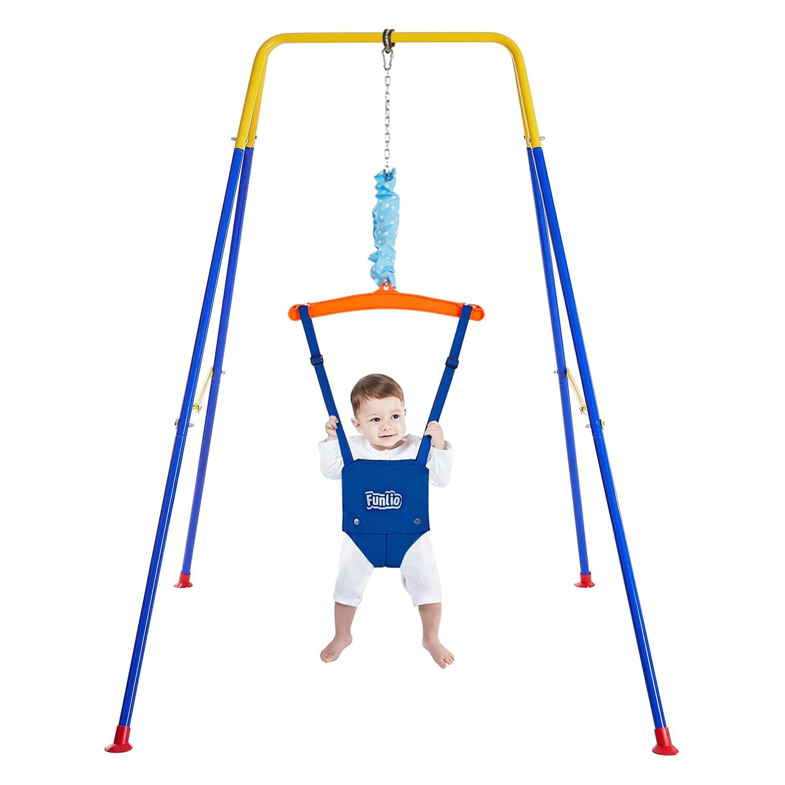 FUNLIO baby jumper with blue stand supports indoor exploration and active play.