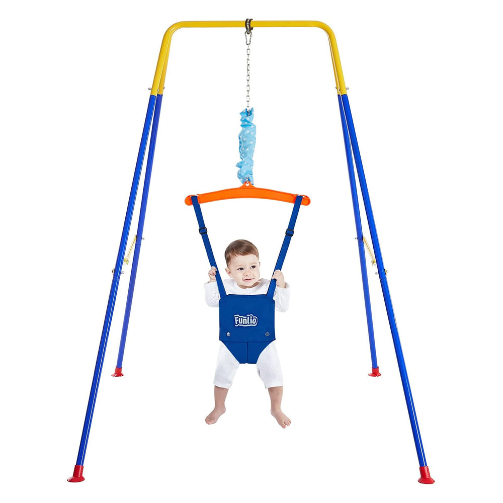 FUNLIO baby jumper with blue stand supports indoor exploration and active play.
