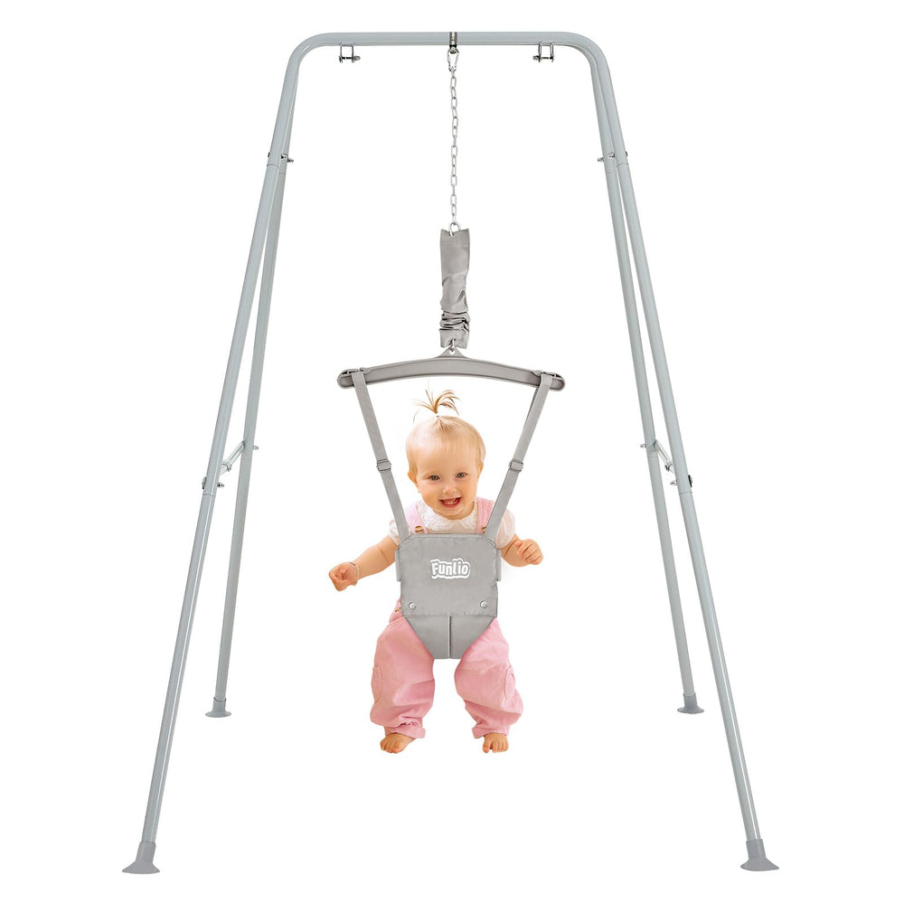 FUNLIO baby jumper stand gray shows adjustable height for growing babies.