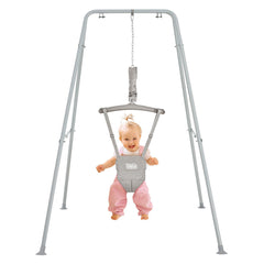 FUNLIO baby jumper stand gray shows adjustable height for growing babies.