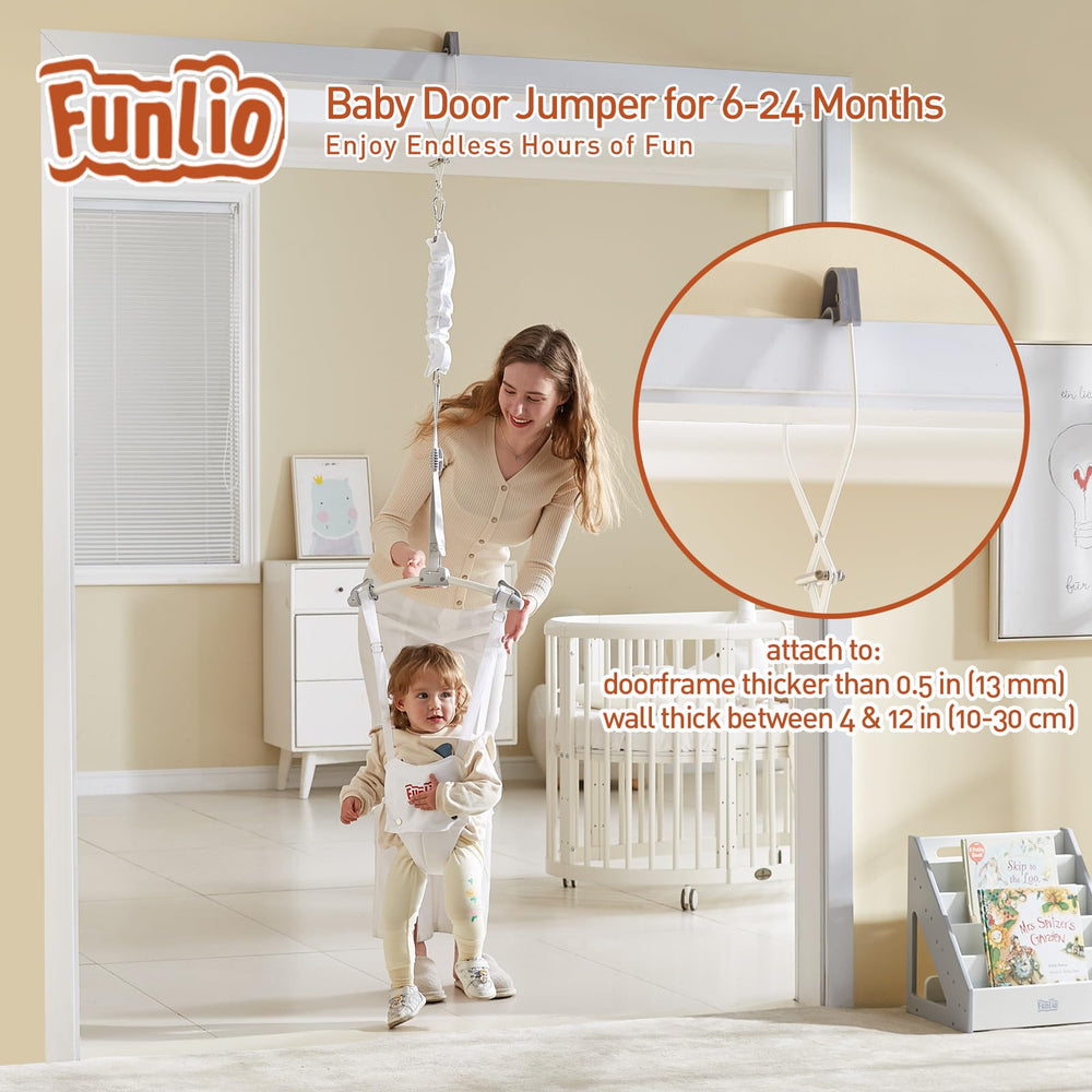 FUNLIO door clamp attachment secures jumper to a sturdy door frame.