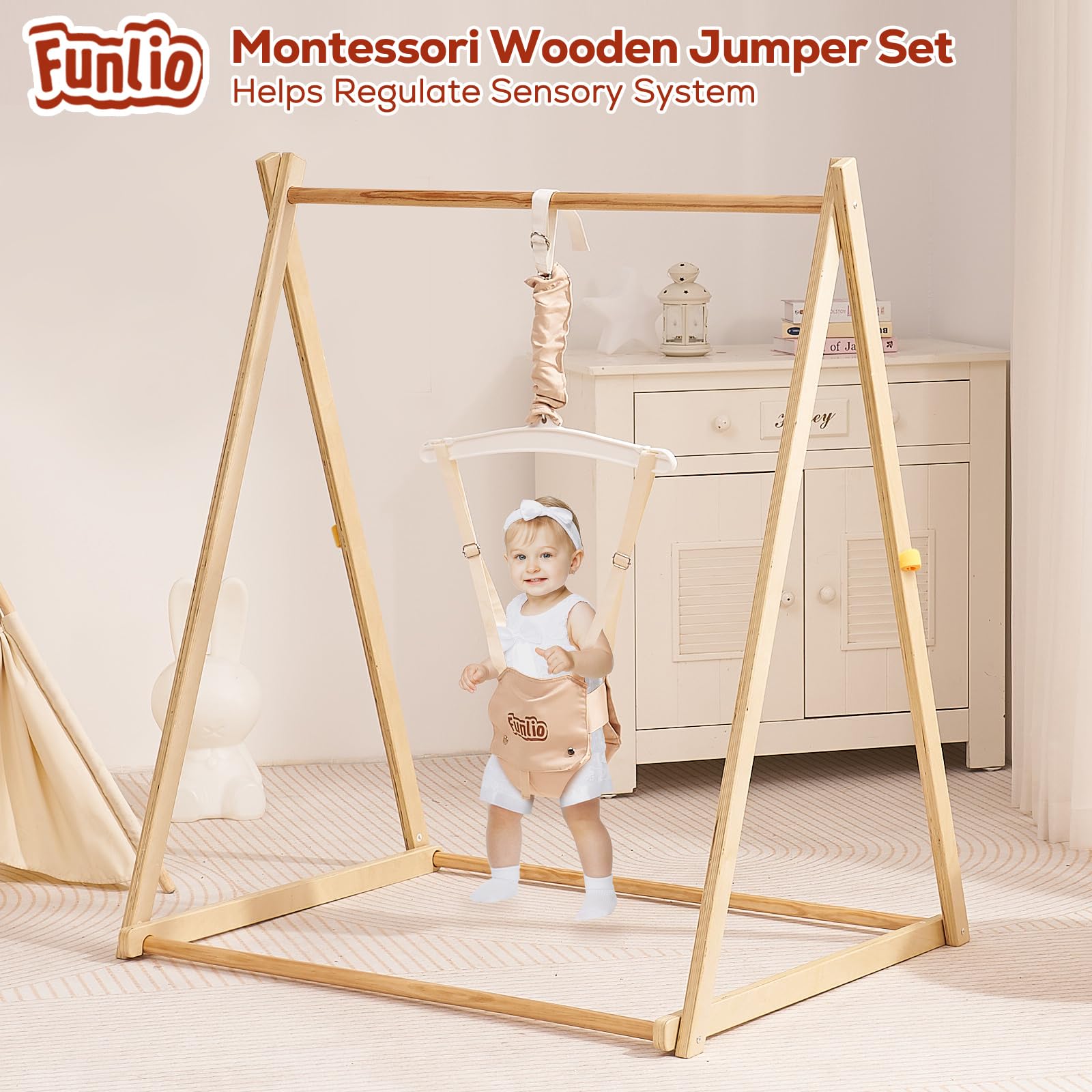 FUNLIO jumper height adjustment allows growing babies to explore at the right level.