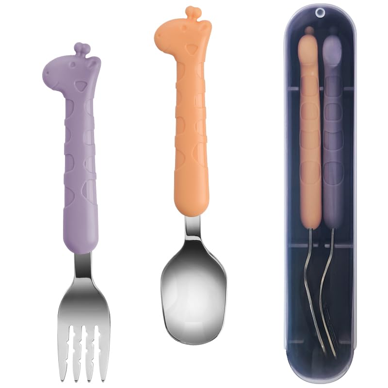 FUNNUO stainless travel kid cutlery purple-case demonstrates compact portability for on-the-go meals.