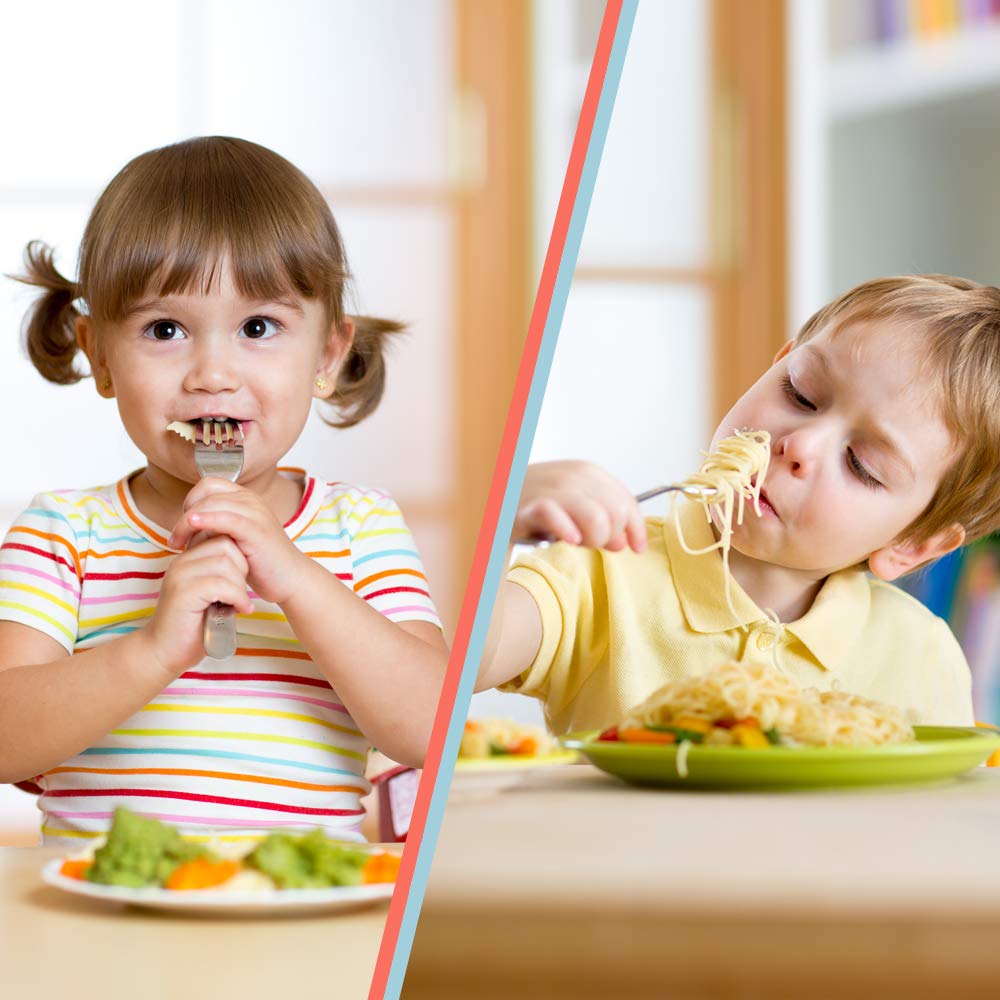 FUNNUO toddler forks suitable from 10 months to teens shown in family dining.