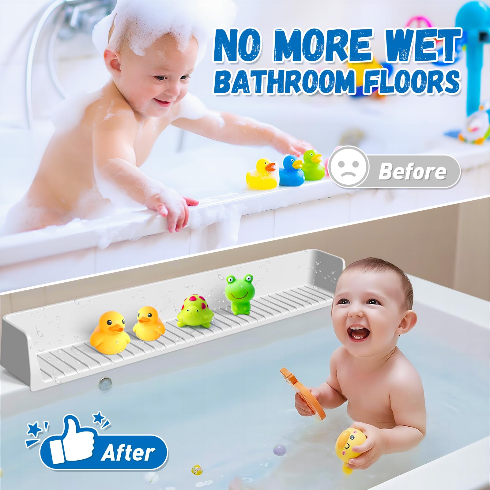 Funny Old Man silicone bath splash guard play shelf holds toys within reach during bath.
