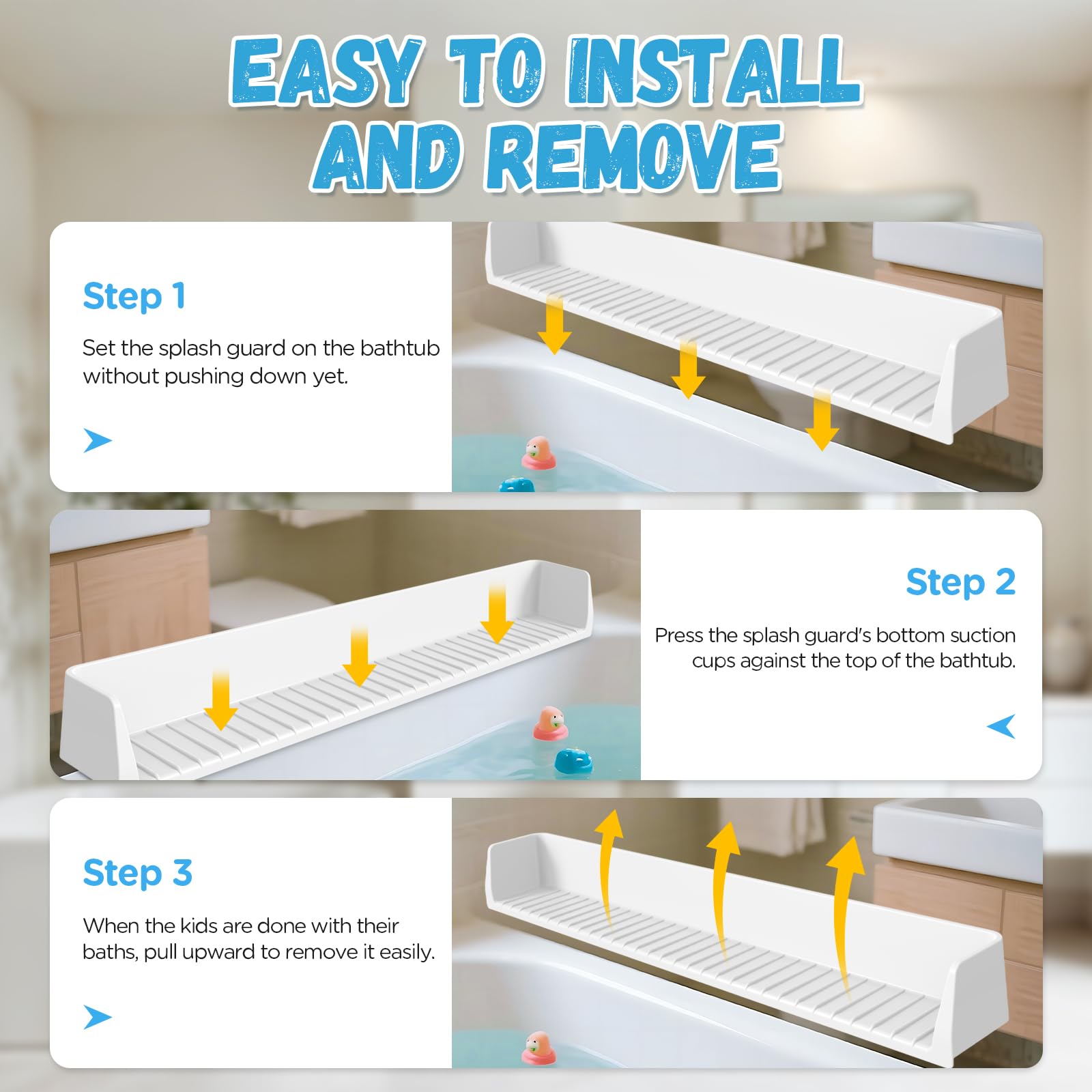 Funny Old Man Splash Guard in bathroom with kids illustrates easy setup and spill prevention.