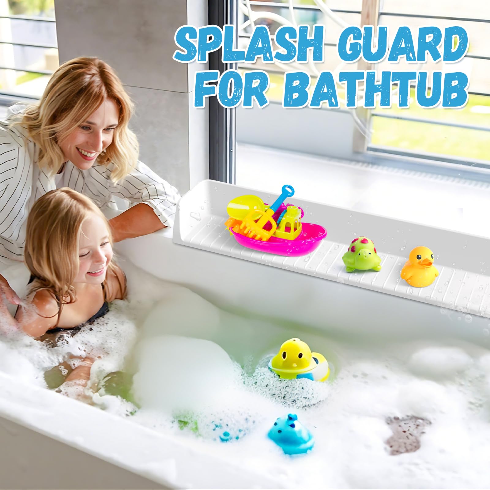 Funny Old Man Splash Guard over-the-rim design highlights stable water redirect into tub.
