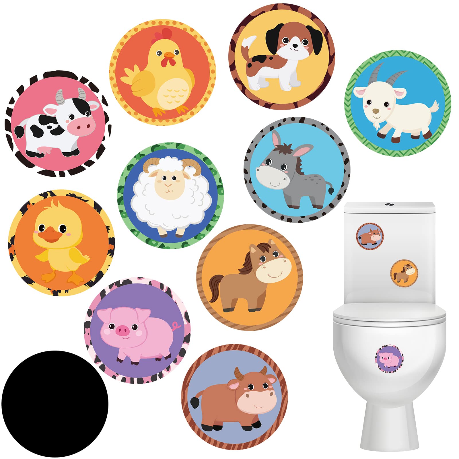 Funrous farm-animal potty-stickers-pack closeup shows color-changing targets for potty training.