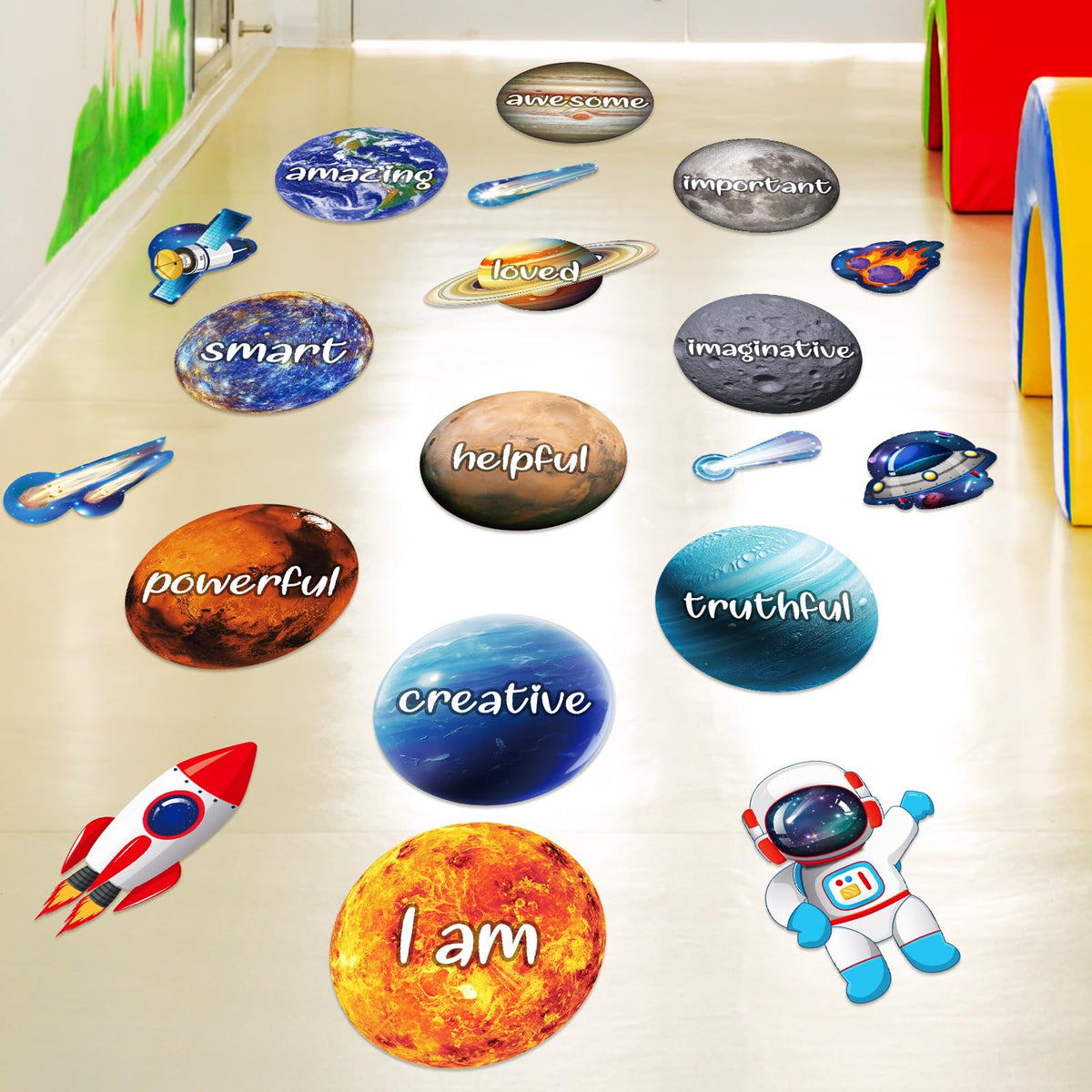 Funrous space hopscotch floor decal boosts engagement with colorful outer-space design.