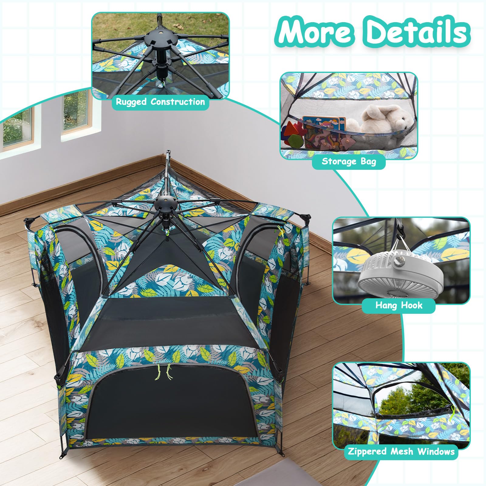 Funsland Baby Playpen Forest canopy tent creates a cozy play space.