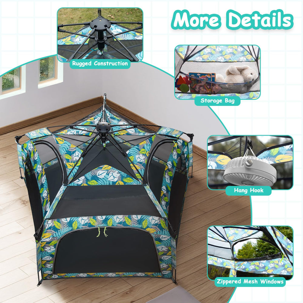 Funsland Baby Playpen Forest canopy tent creates a cozy play space.