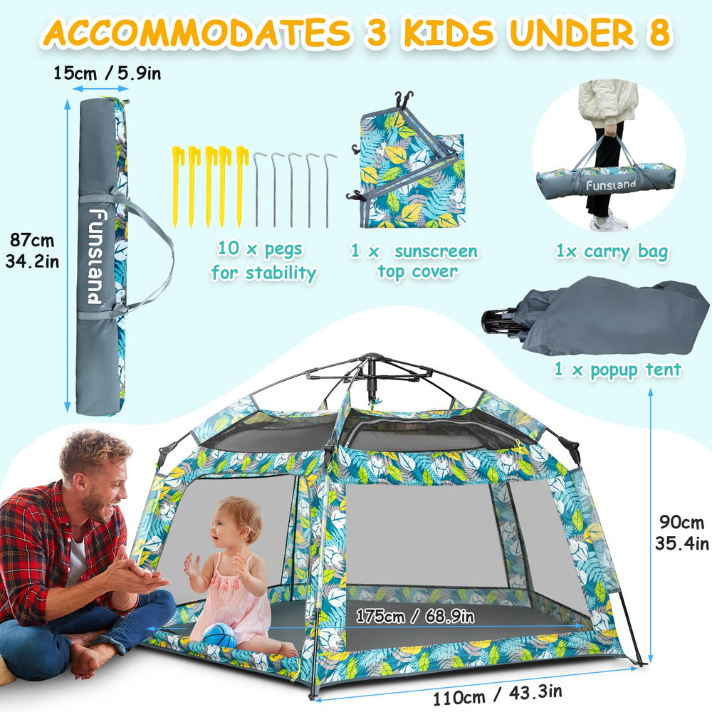 Funsland Baby Playpen Forest includes storage for toys and books.