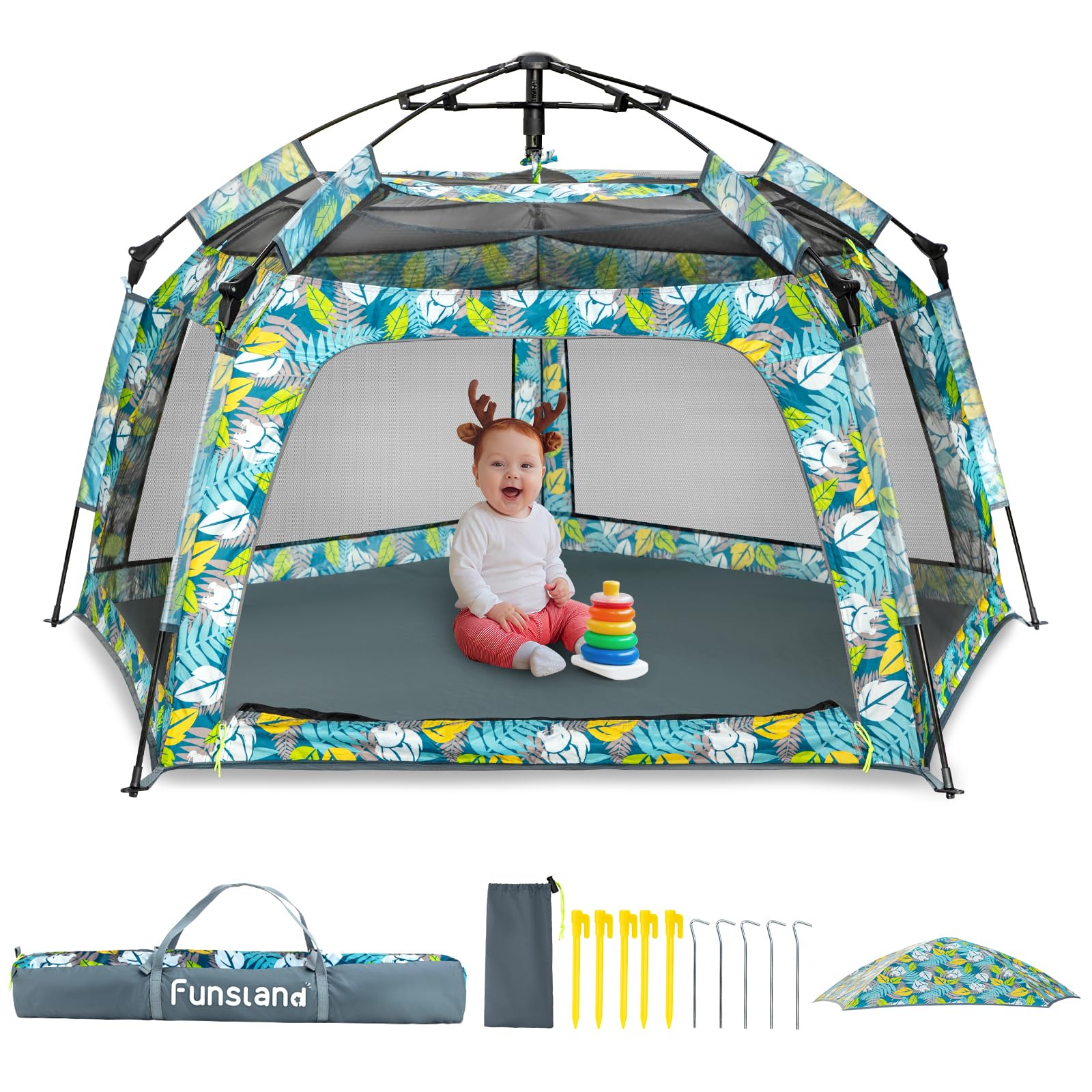 Funsland Baby Playpen Forest tent setup for quick, safe indoor or outdoor play.