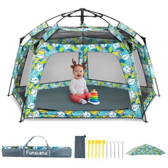 Funsland Baby Playpen Forest tent setup for quick, safe indoor or outdoor play.