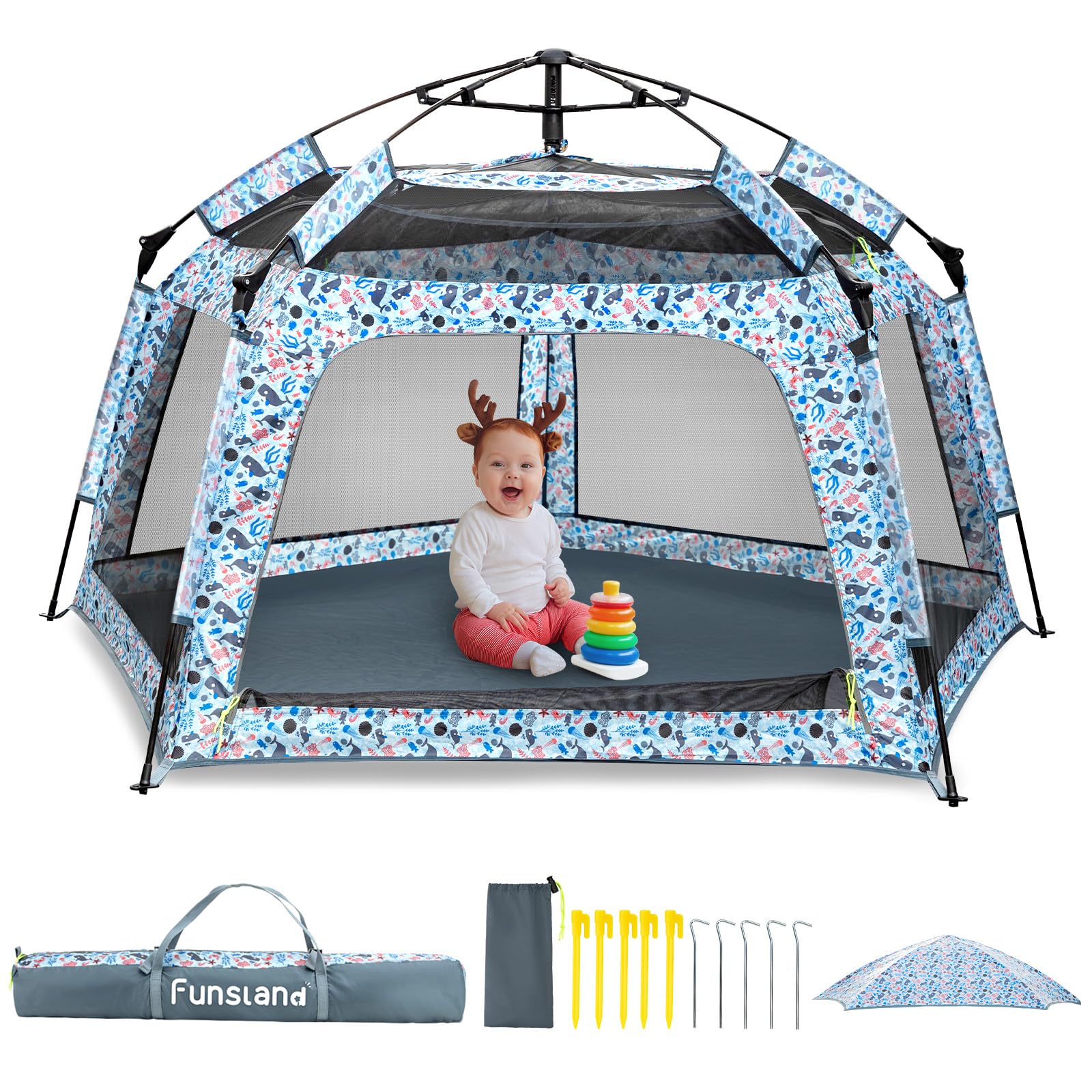 Funsland baby playpen pop-up tent ready at the beach for quick, safe playtime.