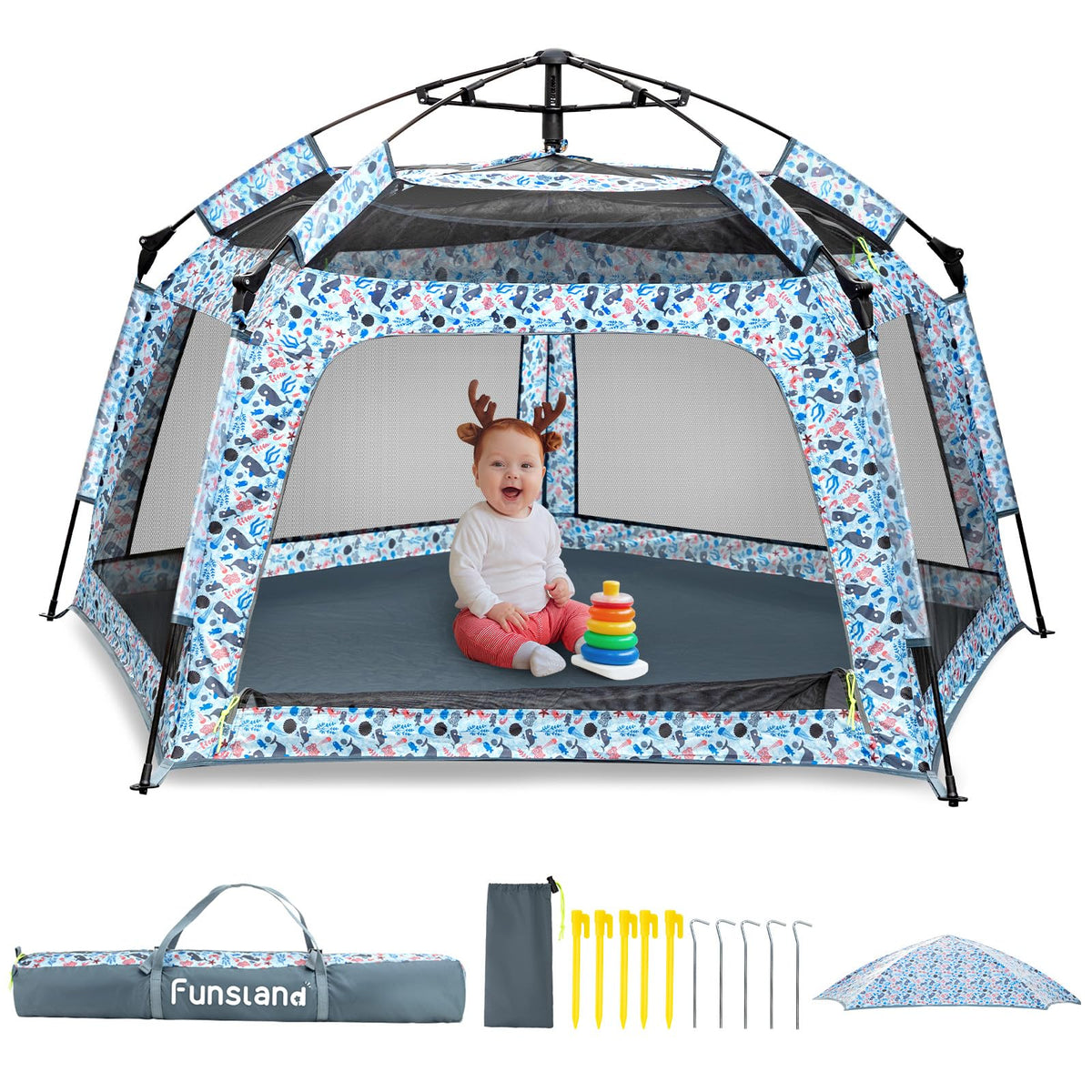 Funsland baby playpen pop-up tent ready at the beach for quick, safe playtime.