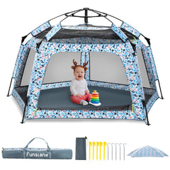 Funsland baby playpen pop-up tent ready at the beach for quick, safe playtime.