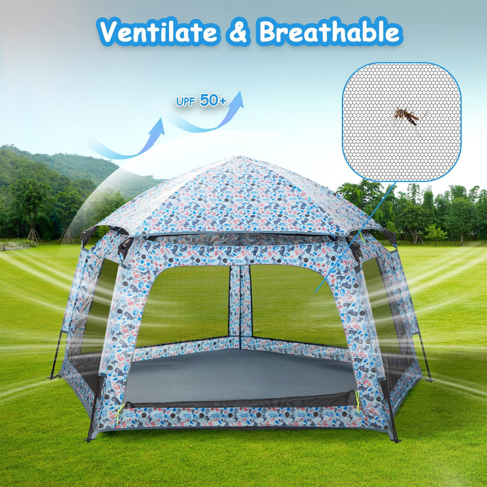 Funsland canopy provides UV protection for sunny beach sessions.