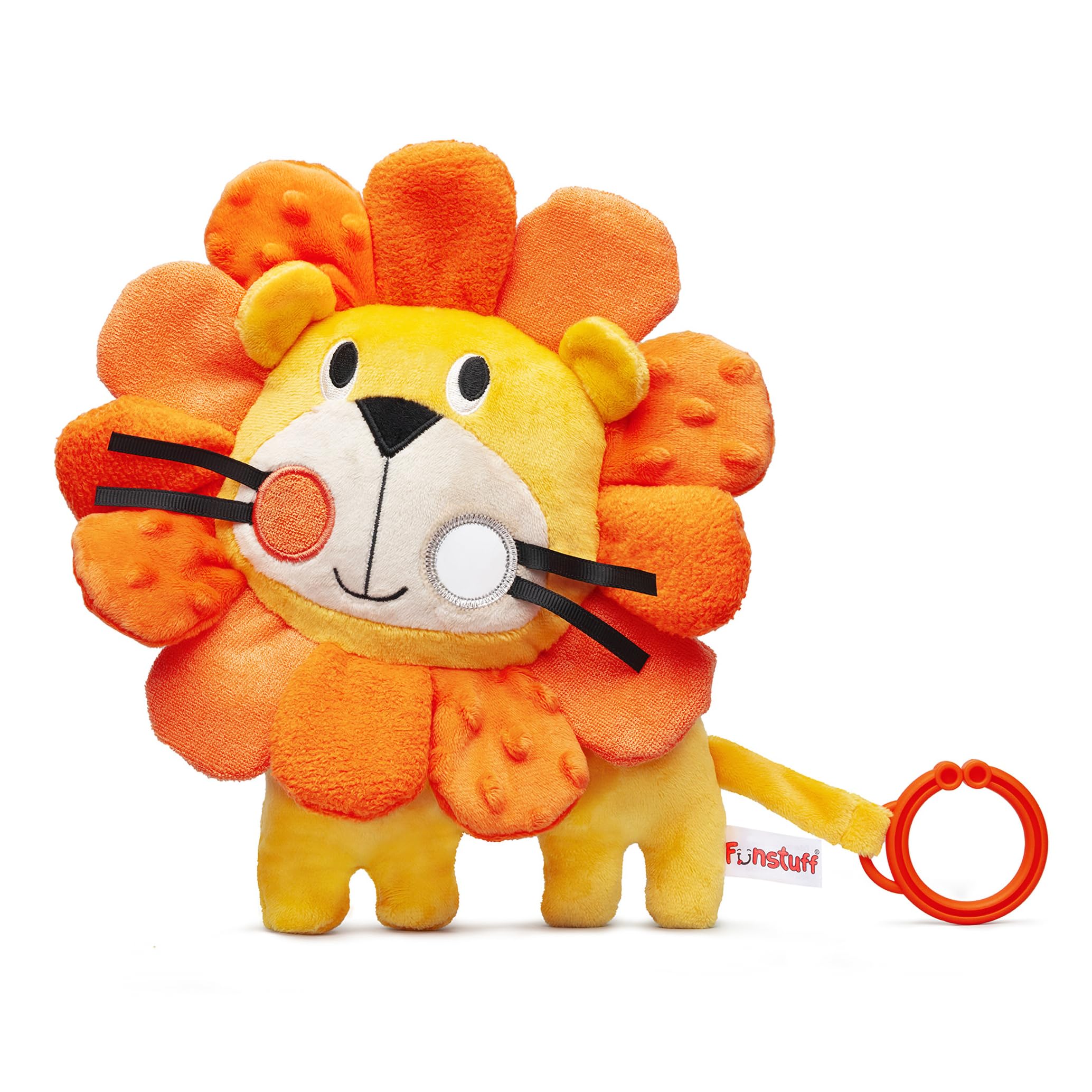 Funstuff Roary the Lion crinkle toy for baby with engaging textures for tummy time play.