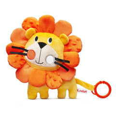 Funstuff Roary the Lion crinkle toy for baby with engaging textures for tummy time play.