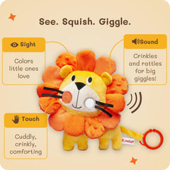 Funstuff Roary the Lion includes a mirror to encourage visual exploration during play.