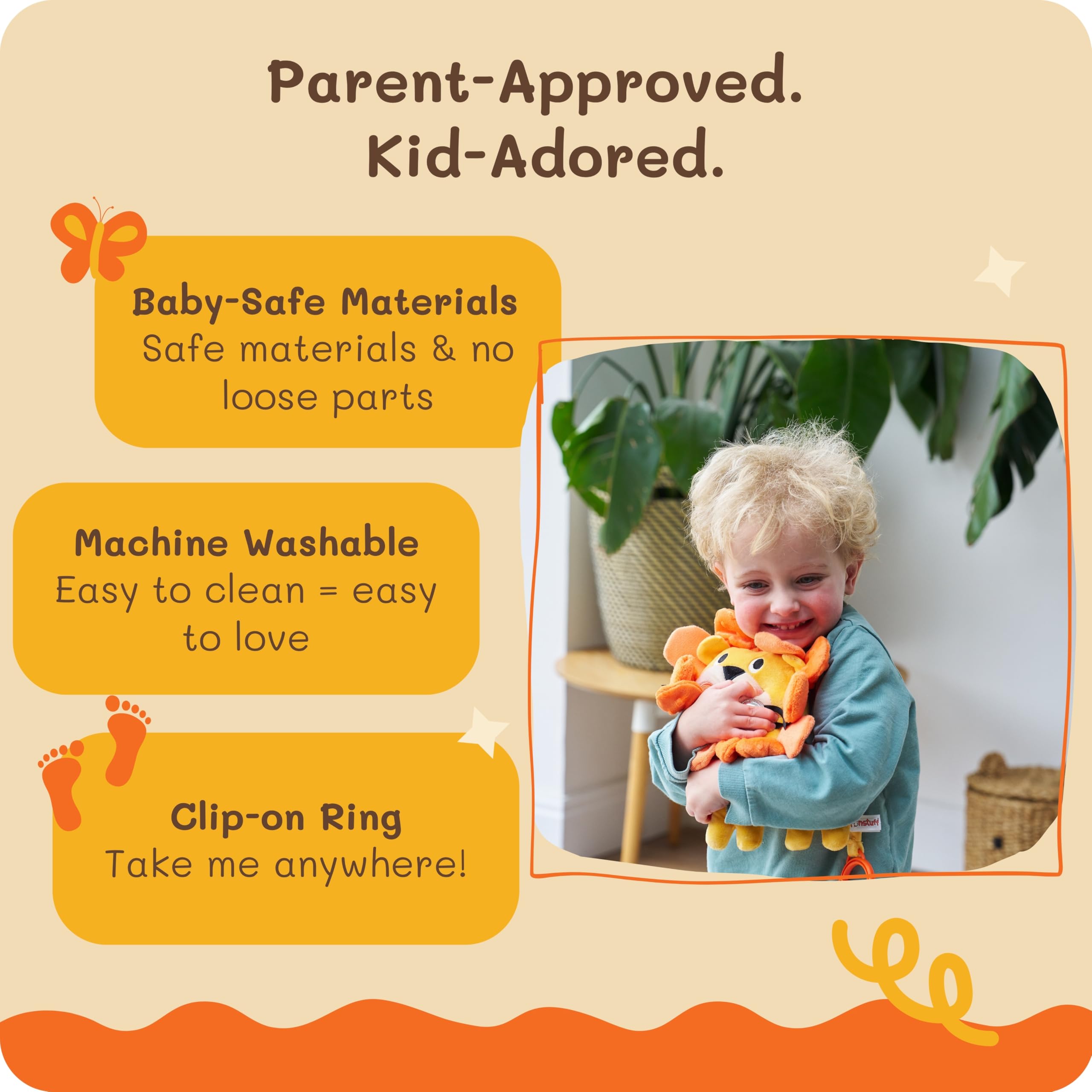 Funstuff Roary the Lion rattle adds a gentle sound to attract baby’s attention.