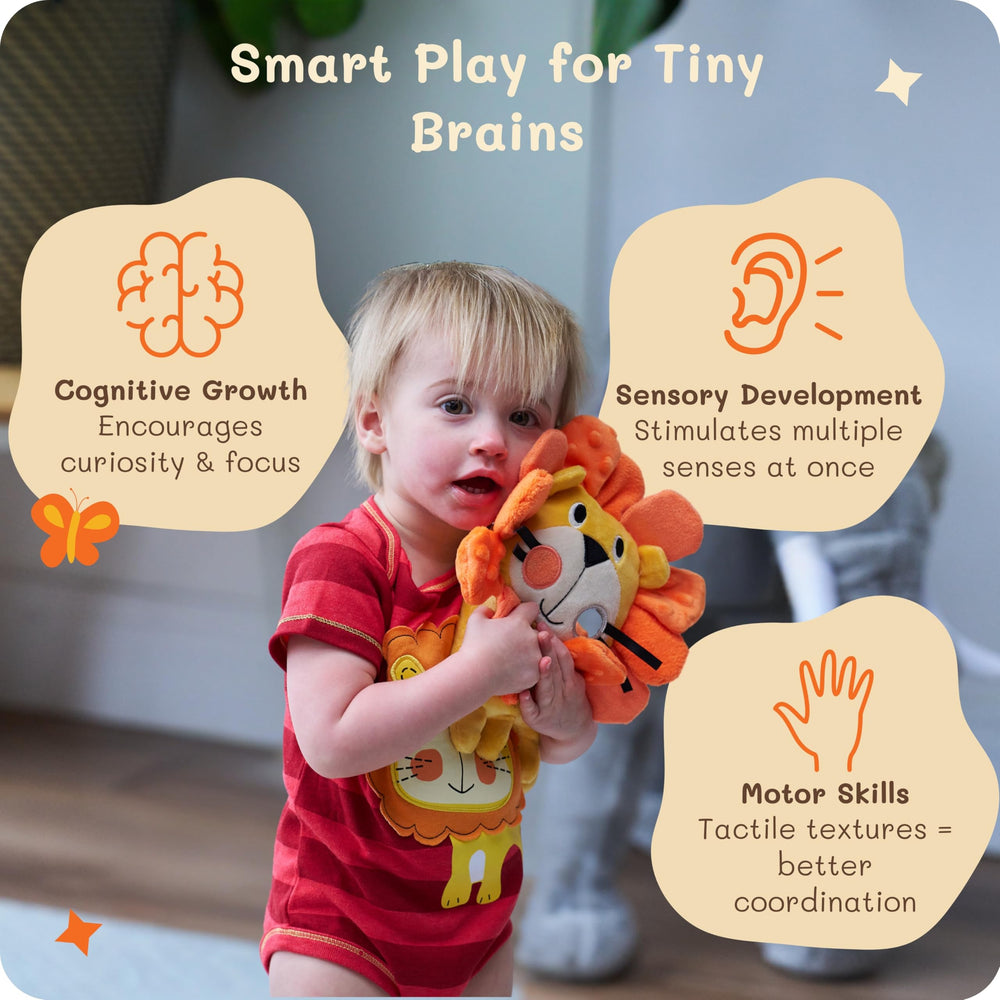 Funstuff Roary the Lion teether ring offers chew-friendly relief during teething moments.