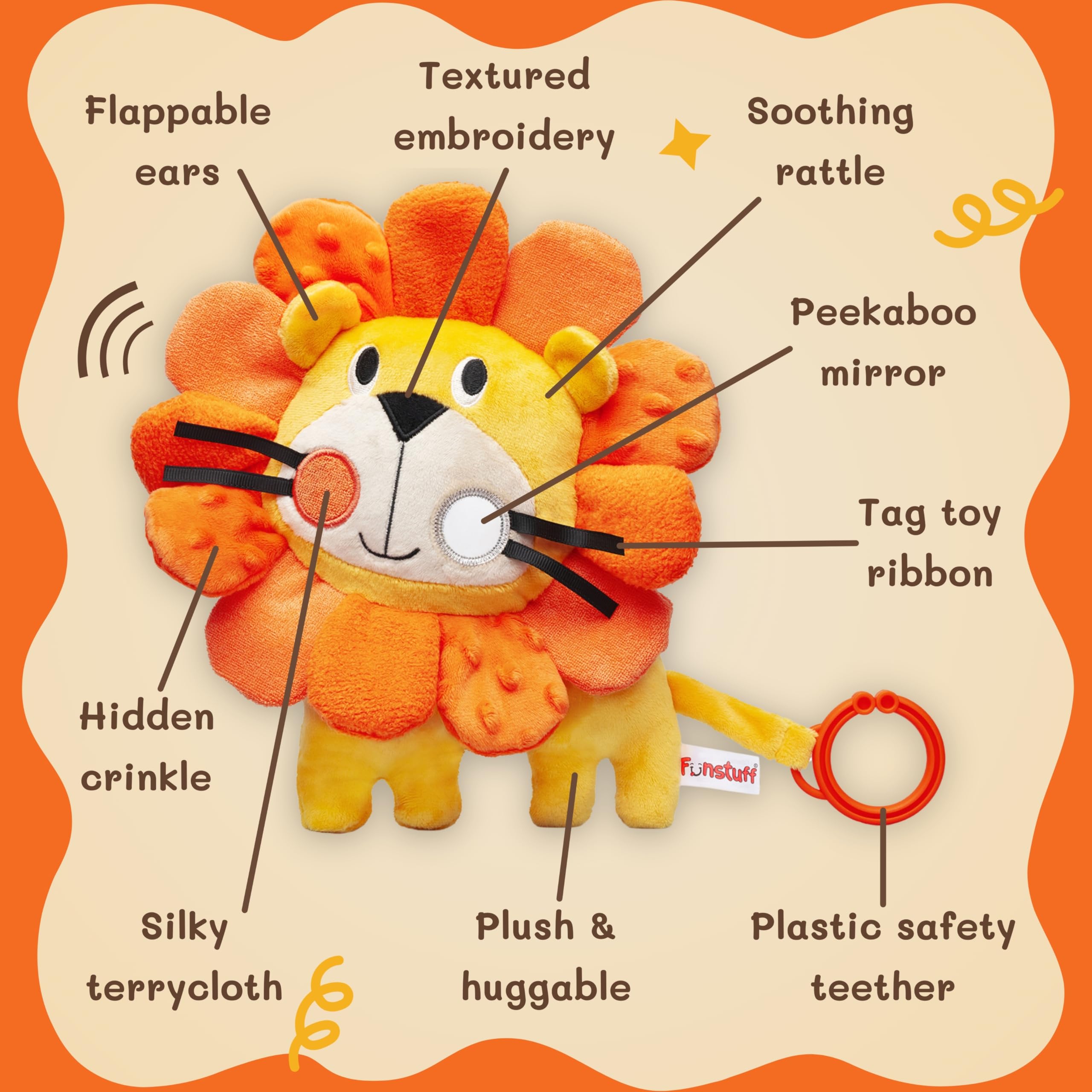 Funstuff Roary the Lion silky terrycloth offers a soft touch for soothing moments.