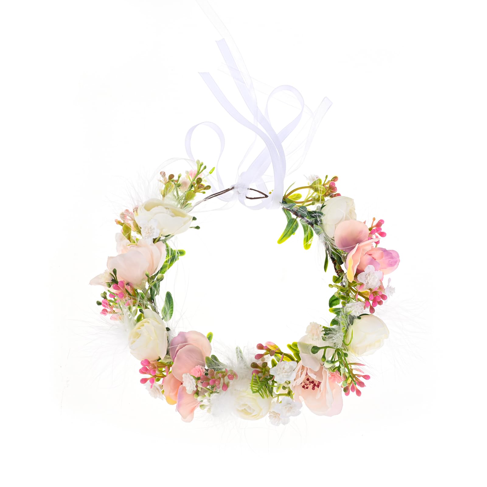 Funsveta baby flower crown pink-white closeup, silk petals for wedding photography.